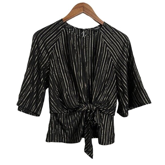Express Womens Black Gold Metallic Stripe Tie Front Keyhole Blouse Size Small - Picture 1 of 9